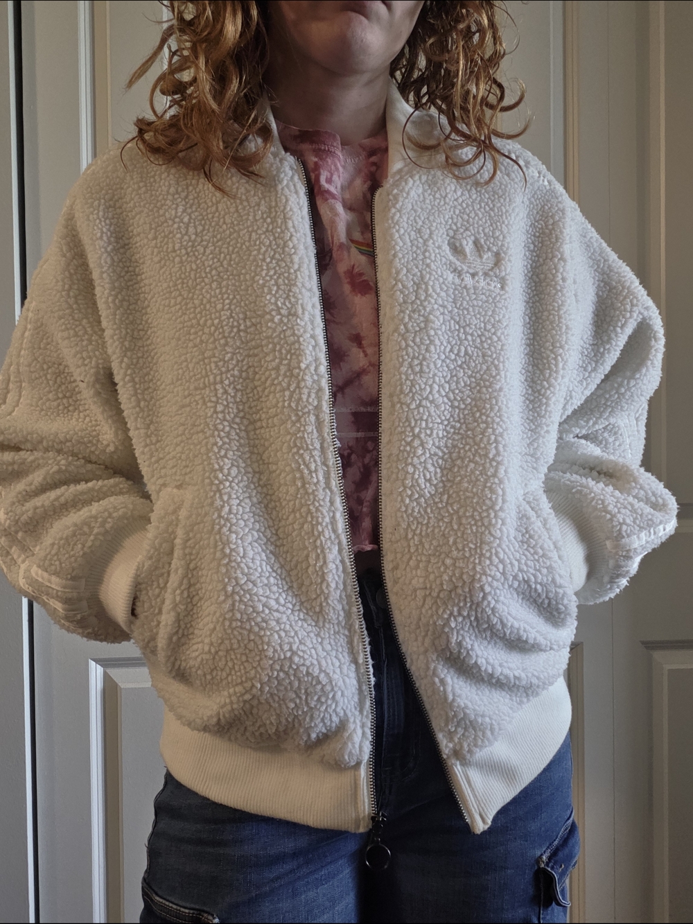 Adidas White Sherpa Zip-Up Jacket